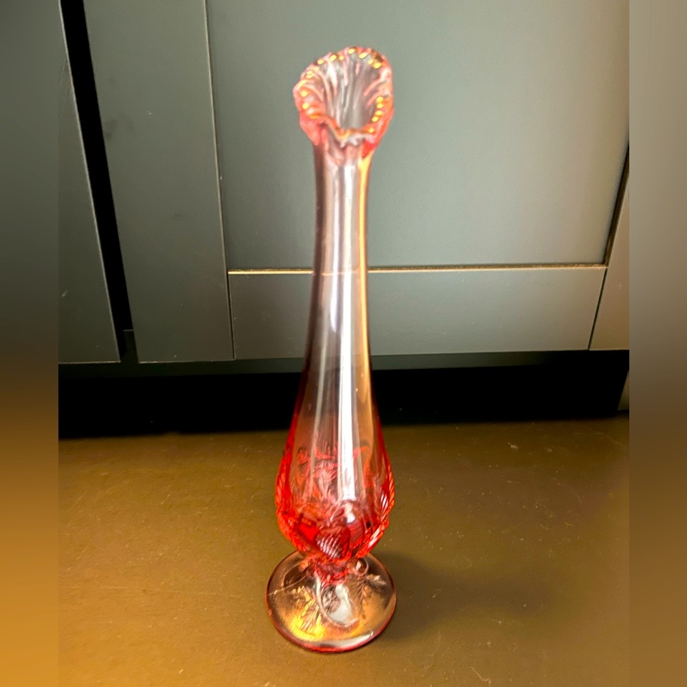 Vintage Fenton Pink Bud Vase Embossed With Strawberries Design Around The Base